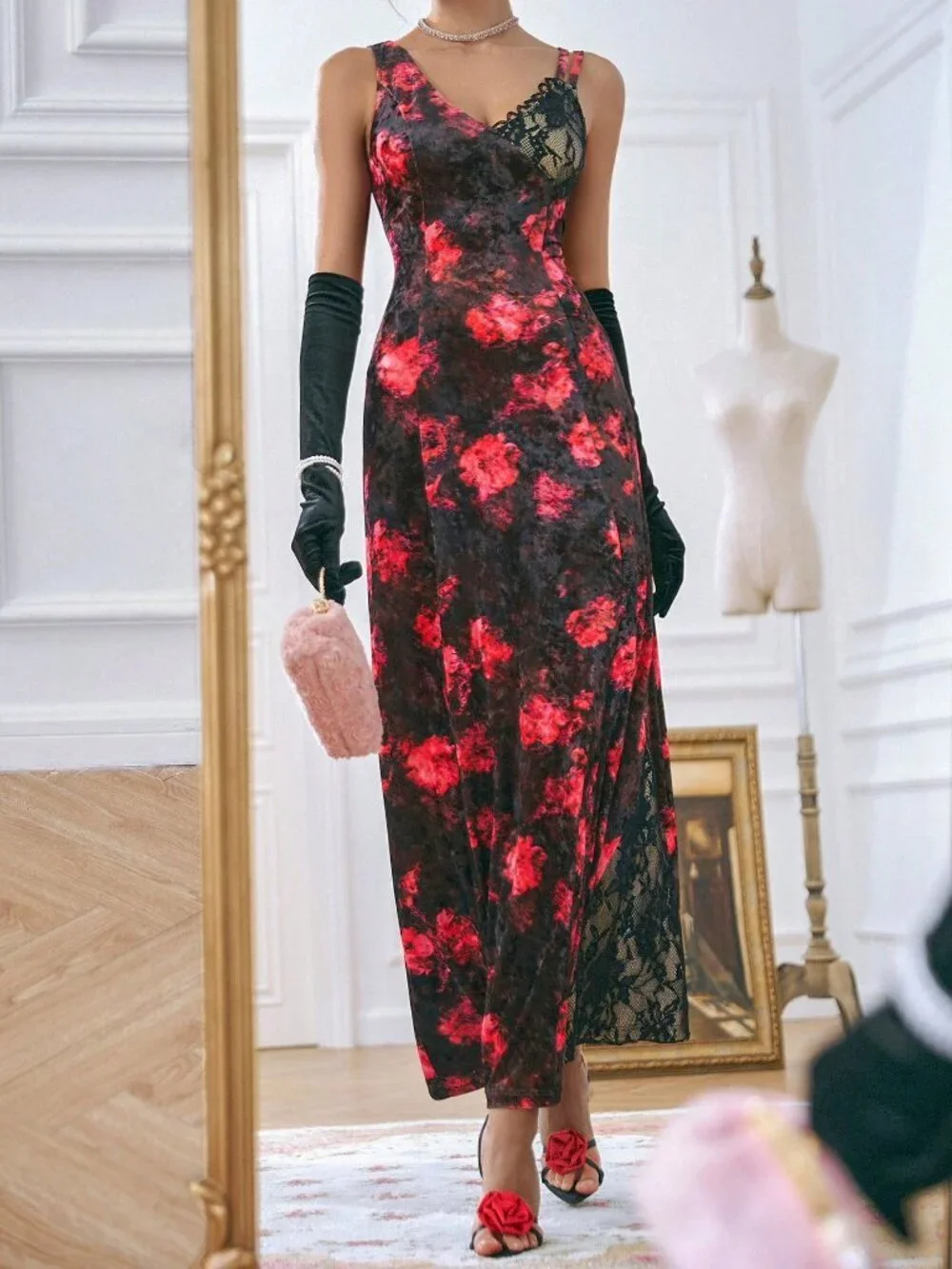 Black Elegant Women's Velvet Printed Oblique Shoulder Lace Patchwork Midi Dress